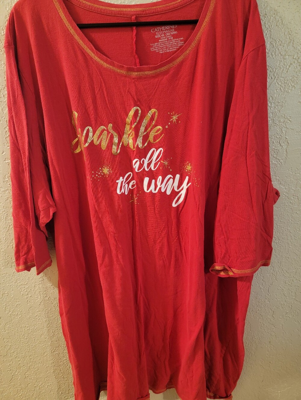 Catherines Red Long Sleeve Nightshirt with Gold and White Holiday Script